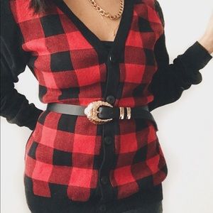 Long red checkered cardigan